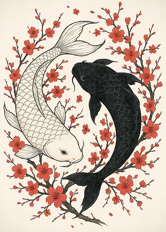 Yin Yang Koi Fish with Blossoms