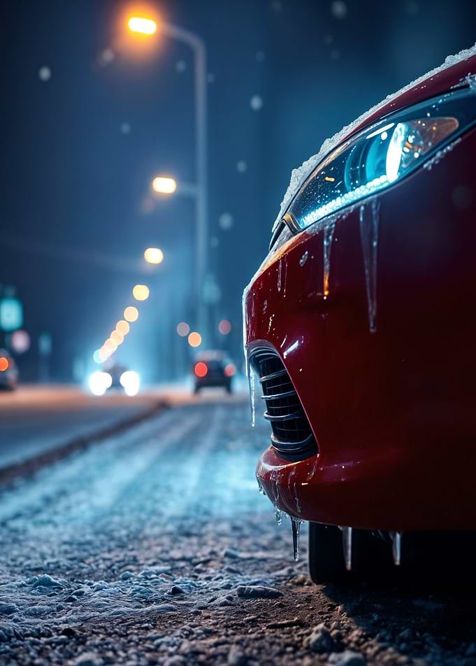 Red Car in Winter Night