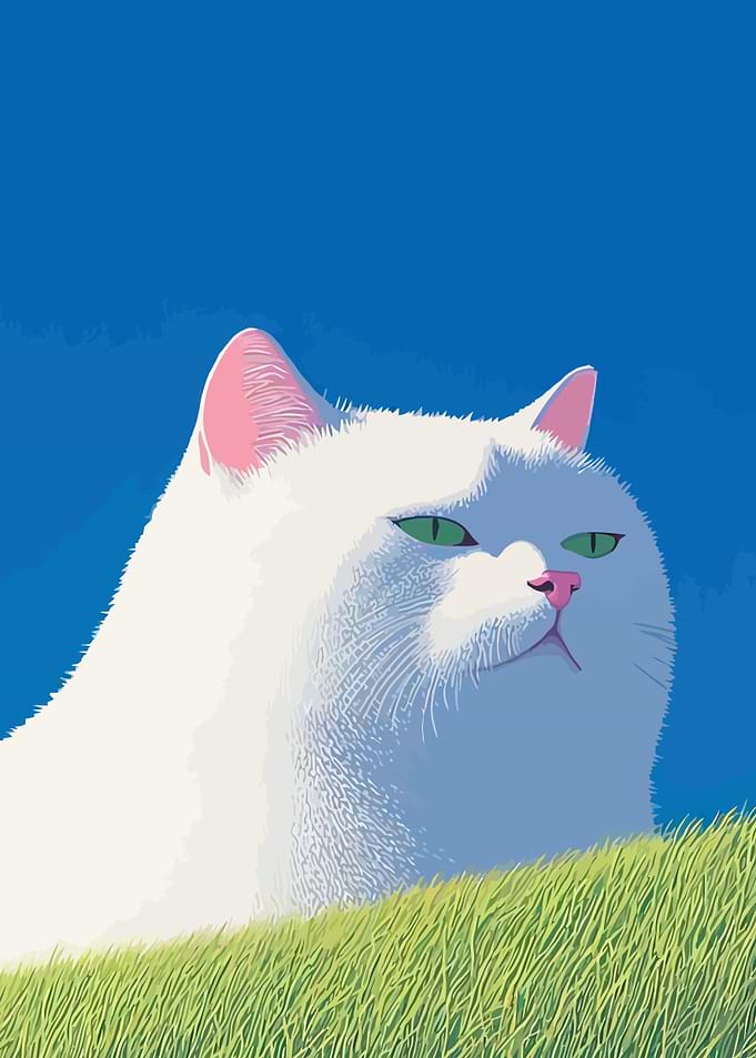 White Cat in Green Grass