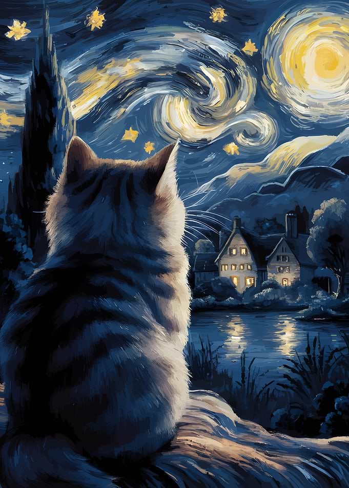 Cat gazing at starry night painting