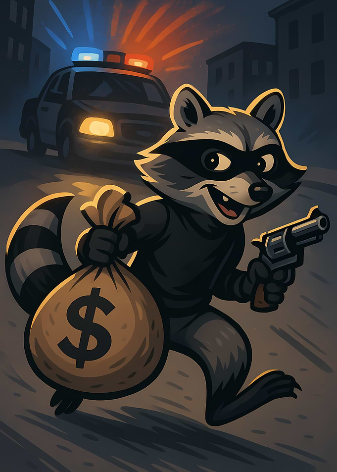 Cartoon Raccoon Bandit with Money Bag