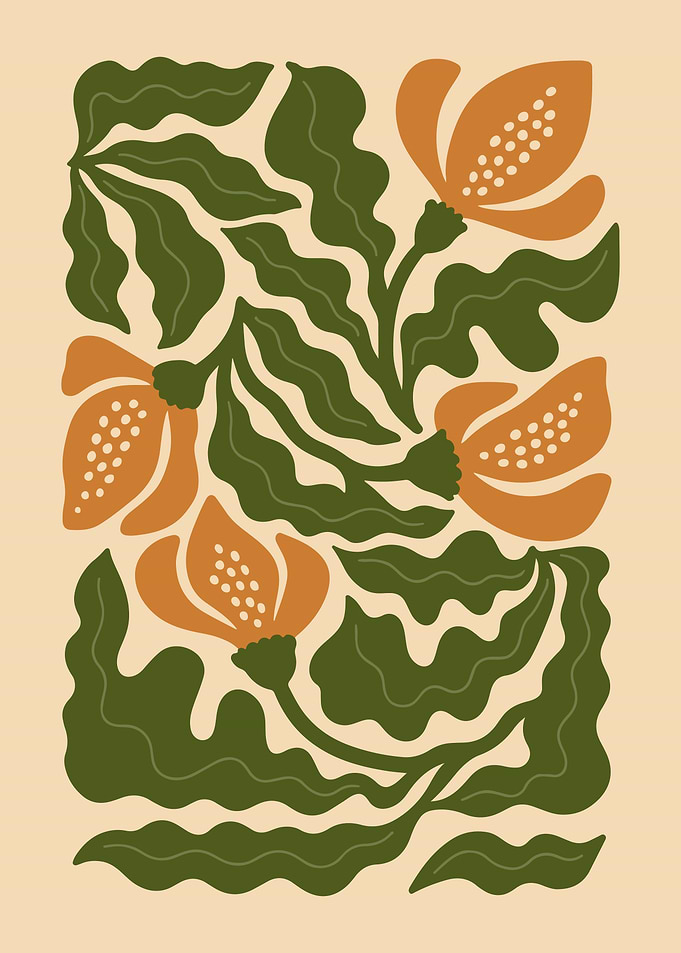 Vibrant Orange Floral Illustration – Modern Botanical Wall Art Print