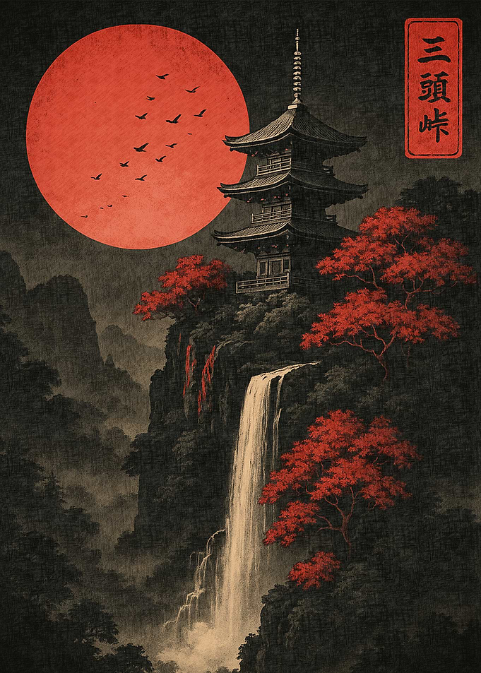 Japanese Pagoda with Waterfall and Moon