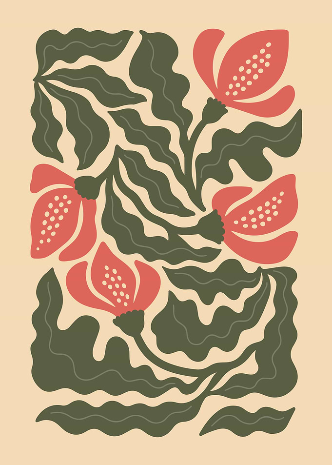 Elegant Red Floral Illustration – Botanical Wall Art with Hand-Drawn Flowers