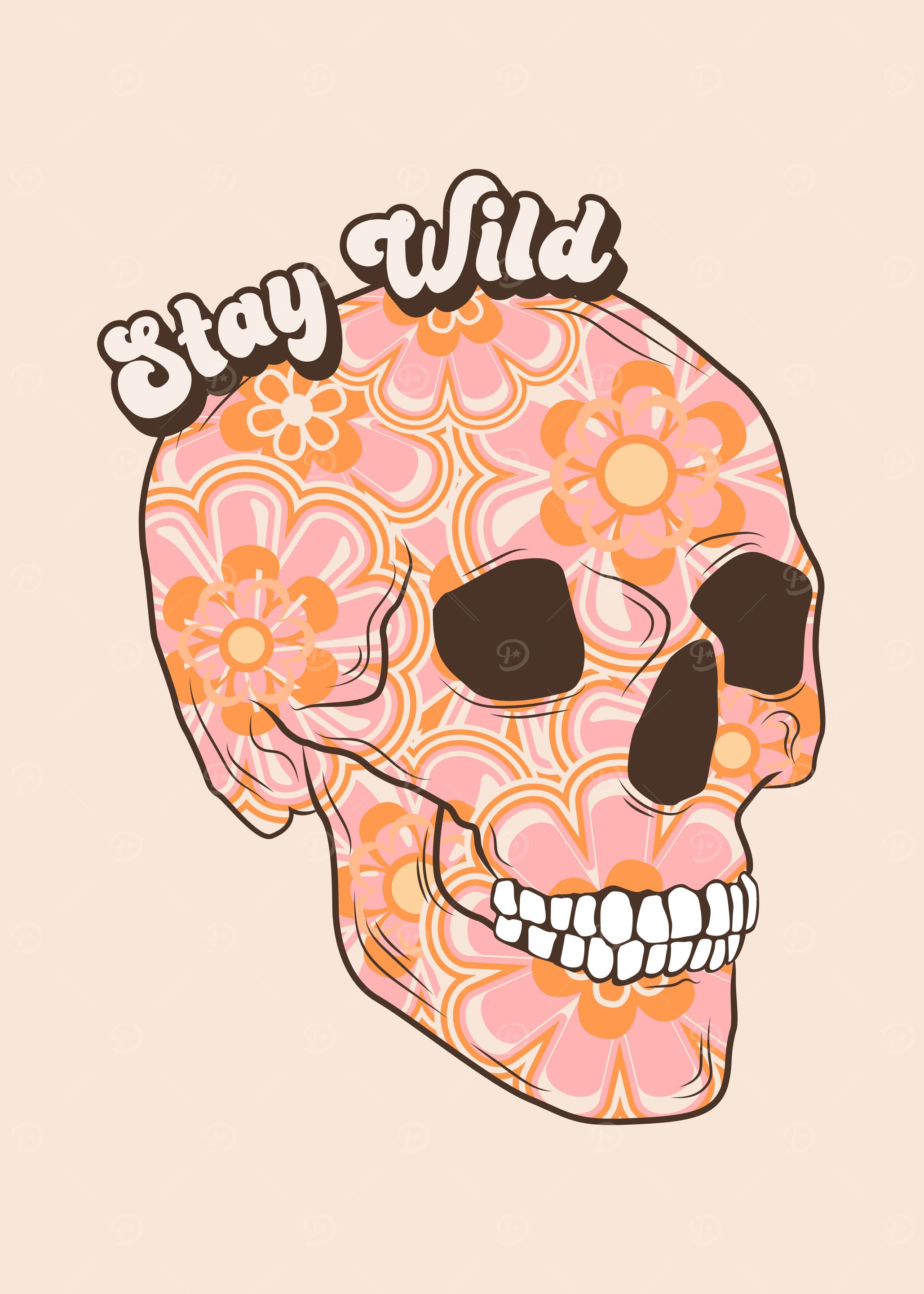 Floral Skull with 'Stay Wild' Text retro vintage