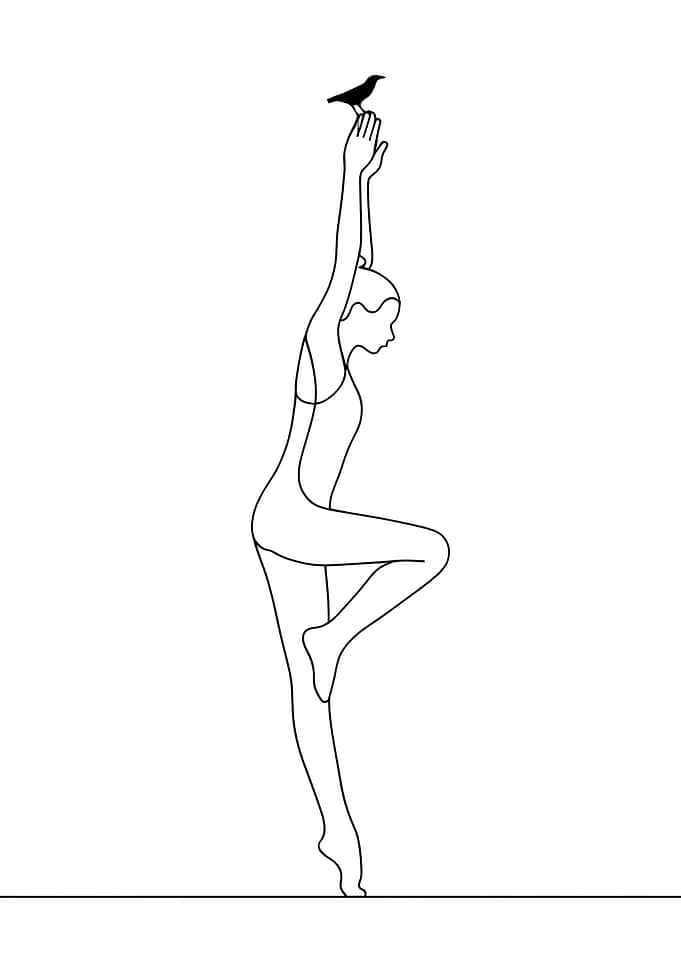 Woman in Yoga Pose with Bird Minimalist Line Art