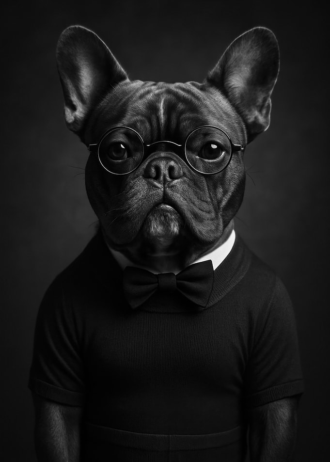 Dapper Dog Portrait in Black and White Intellectual French Bulldog with Glasses & Bowtie