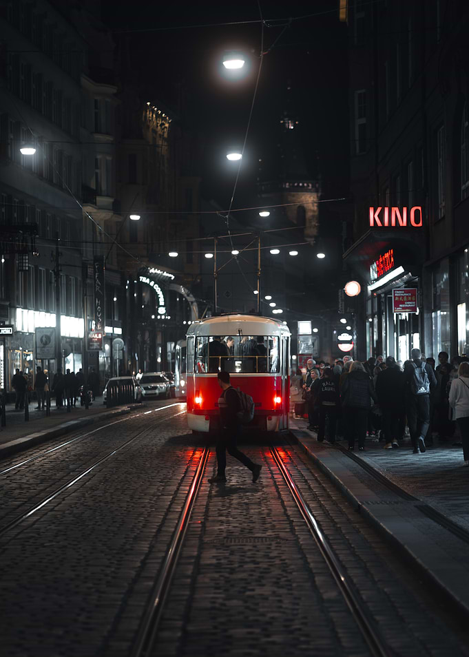 Night Tram Crossing in Prague