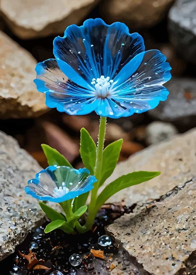 Blue Glass Flowers in Rock Crevice