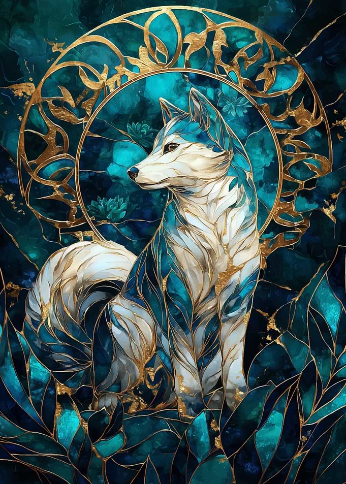 Teal and Gold Mosaic Wolf