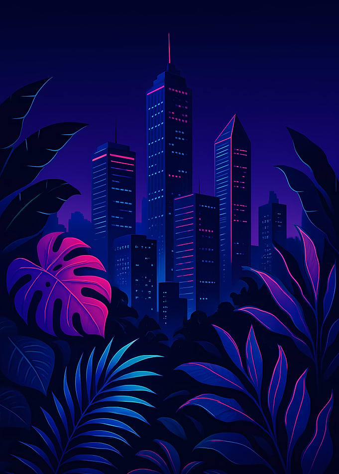 Neon Cityscape with Tropical Foliage