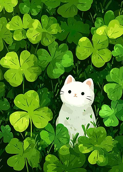 Cat in Clover Patch Illustration