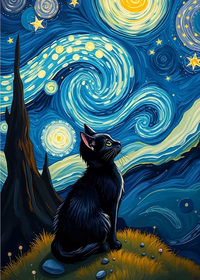 Black Cat Starry Night Art