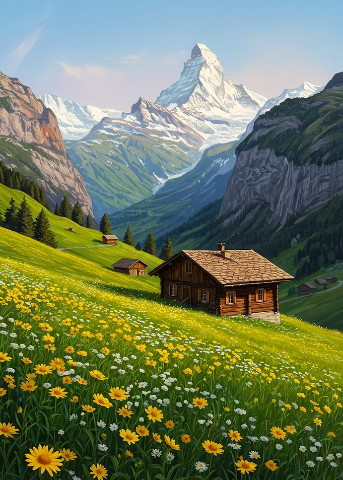 Alpine Meadow with Chalet and Mountains