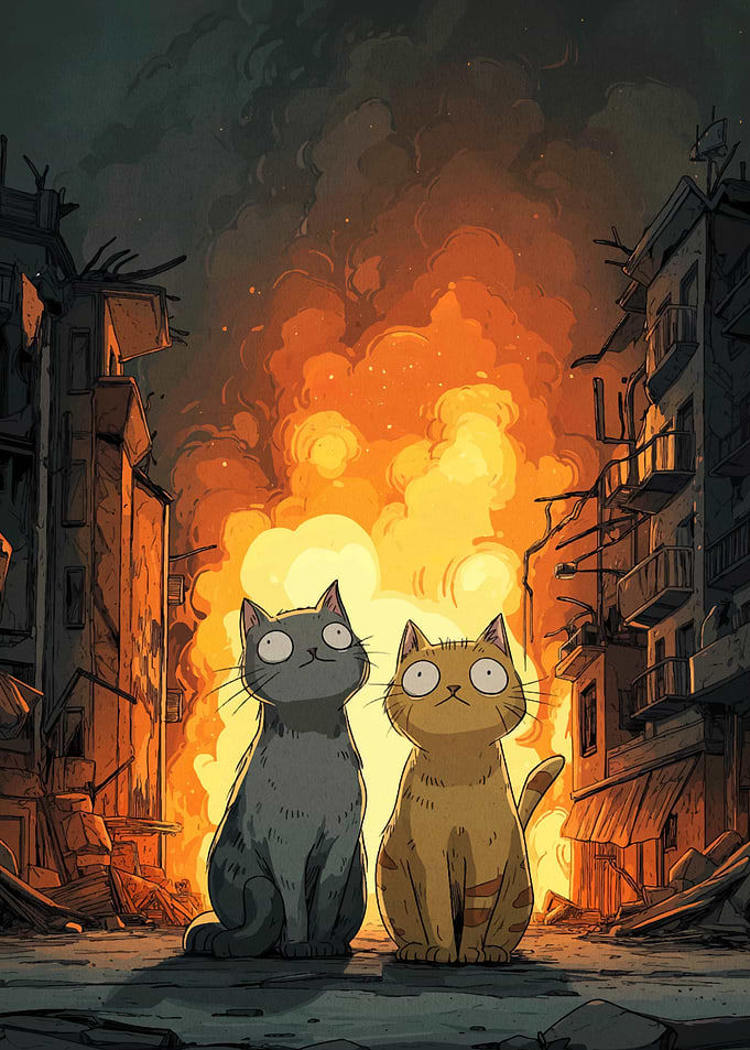 Two Cats in Burning Cityscape
