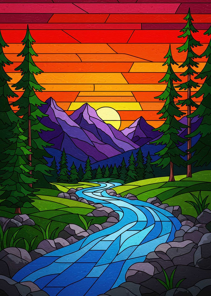 Stained Glass Mountain River Landscape