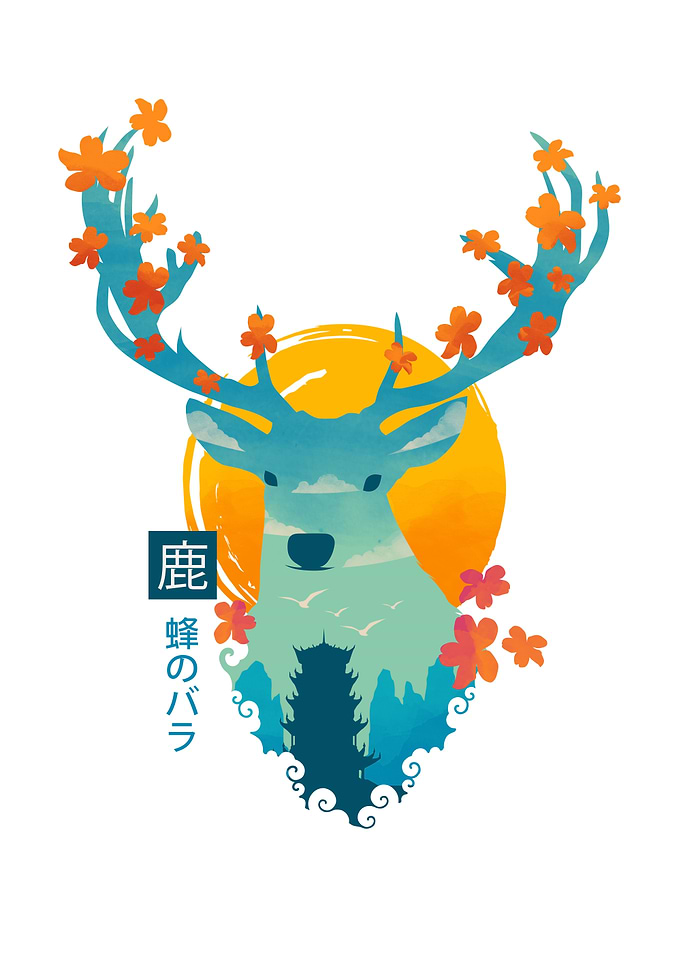 Deer Silhouette with Japanese Landscape