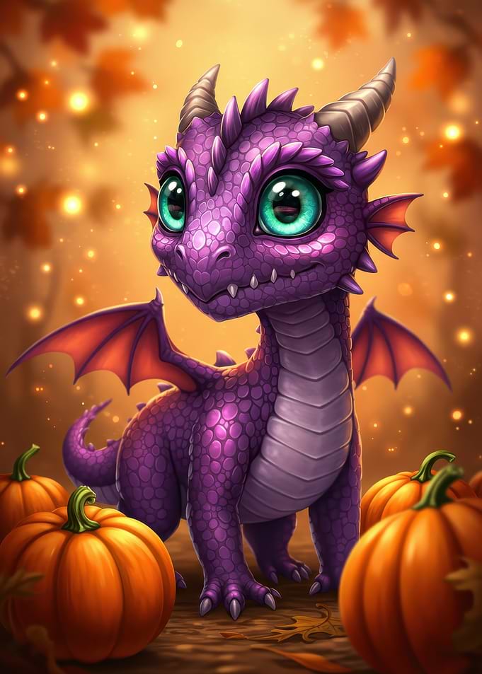 Cute Purple Dragon with Pumpkins