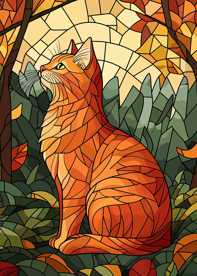 Stained Glass Cat in Autumn Forest