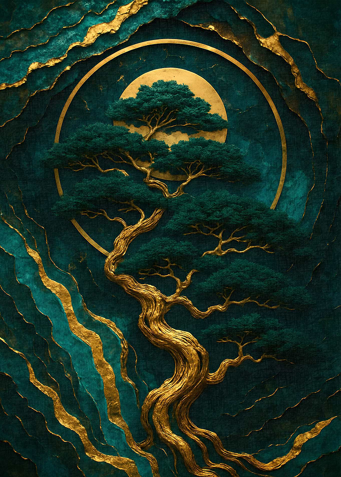Golden Bonsai Tree with Teal Background