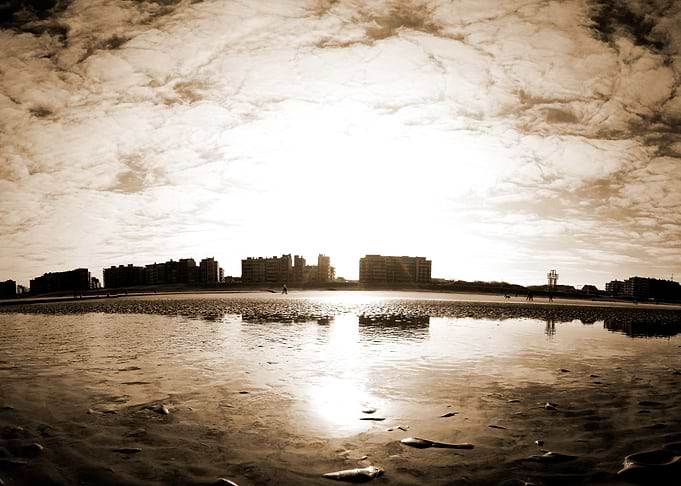 Sunlit Beachfront View with Reflections and Skyscraper Silhouettes in sepia