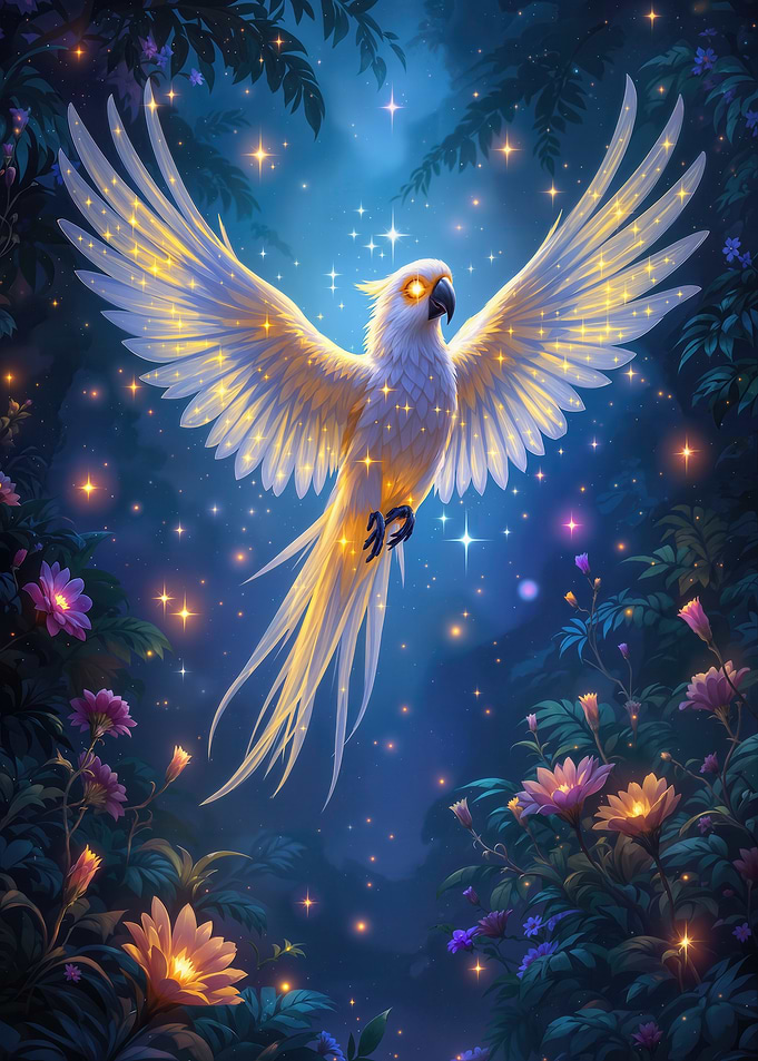 Surreal Glowing Parrot in Enchanted Forest