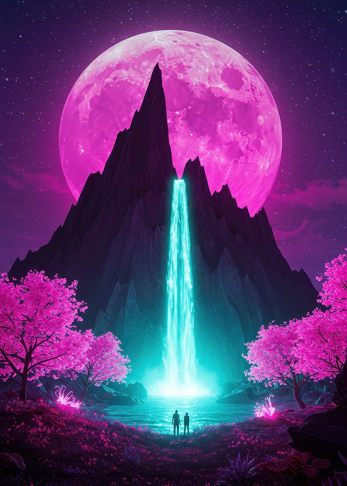 Neon Waterfall Under Pink Moon