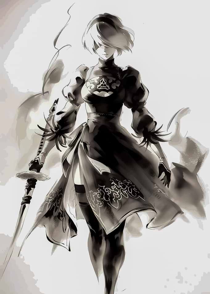 2B Nier Automata Monochrome Illustration