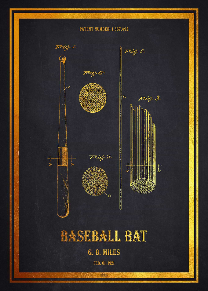 Baseball Bat Patent Gold 1921