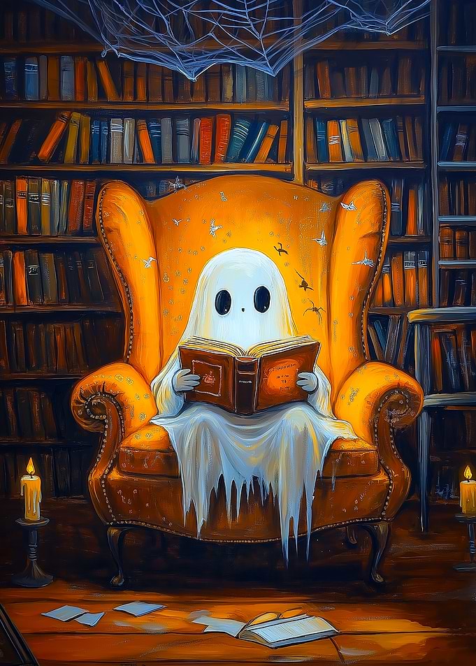 Ghost reading in library armchair