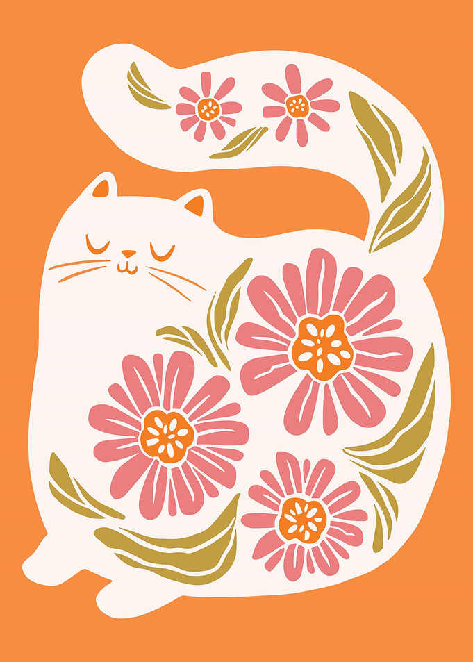 Orange Pink Boho Cat Botanical wall decor, pink art, cat wall art, boho wall art, cat art, Home Decor