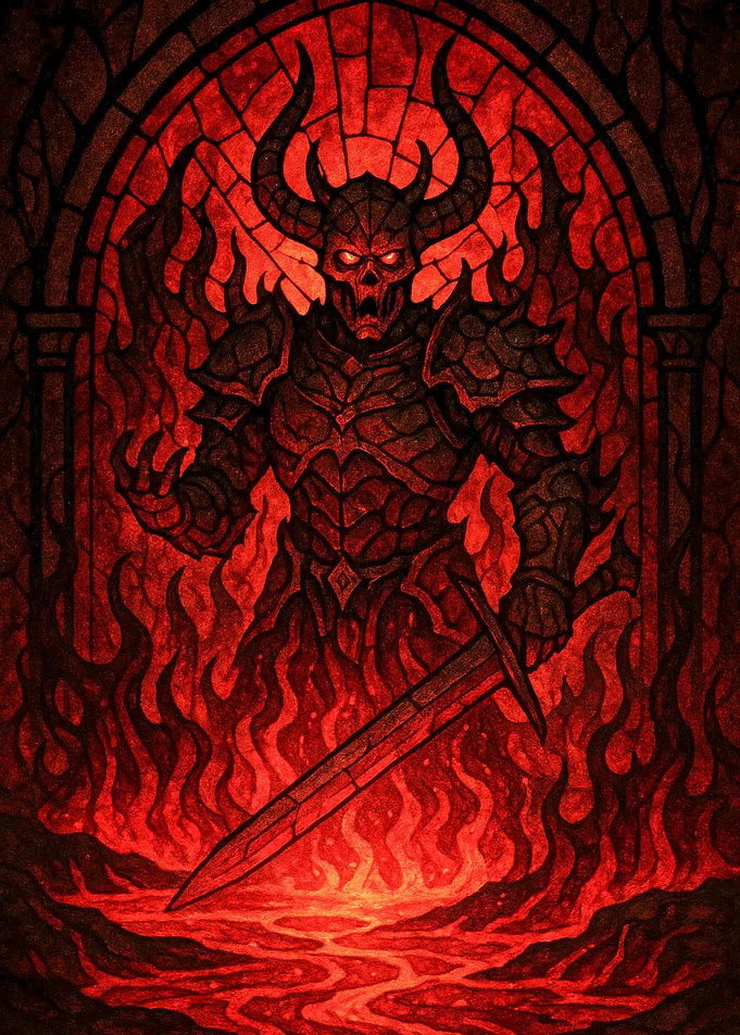 Demon in Flames Stained Glass Style