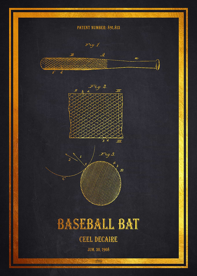 Baseball Bat Patent Gold 1908