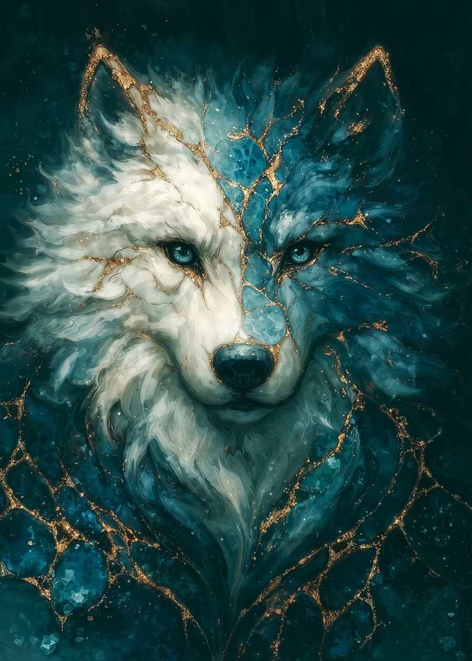 Kintsugi Wolf Spirit in Blue and Gold
