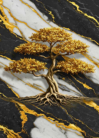 Golden Bonsai Tree on Marble Background
