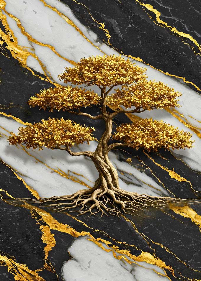 Golden Bonsai Tree on Marble Background