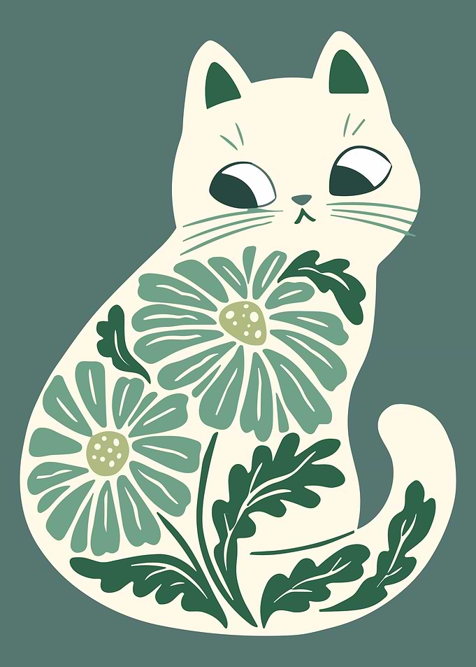 Costal Blue Boho Cats Art, Floral Cat Illustration