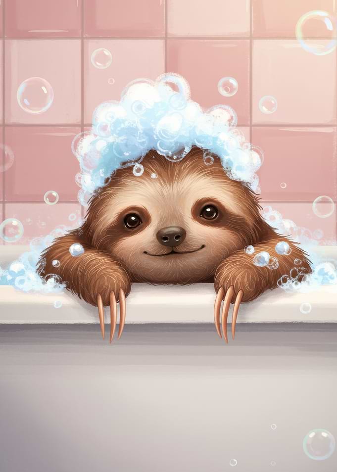 Sloth in Bathtub with Bubbles