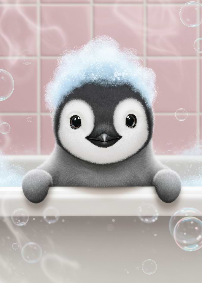 Cute Penguin Taking a Bubble Bath