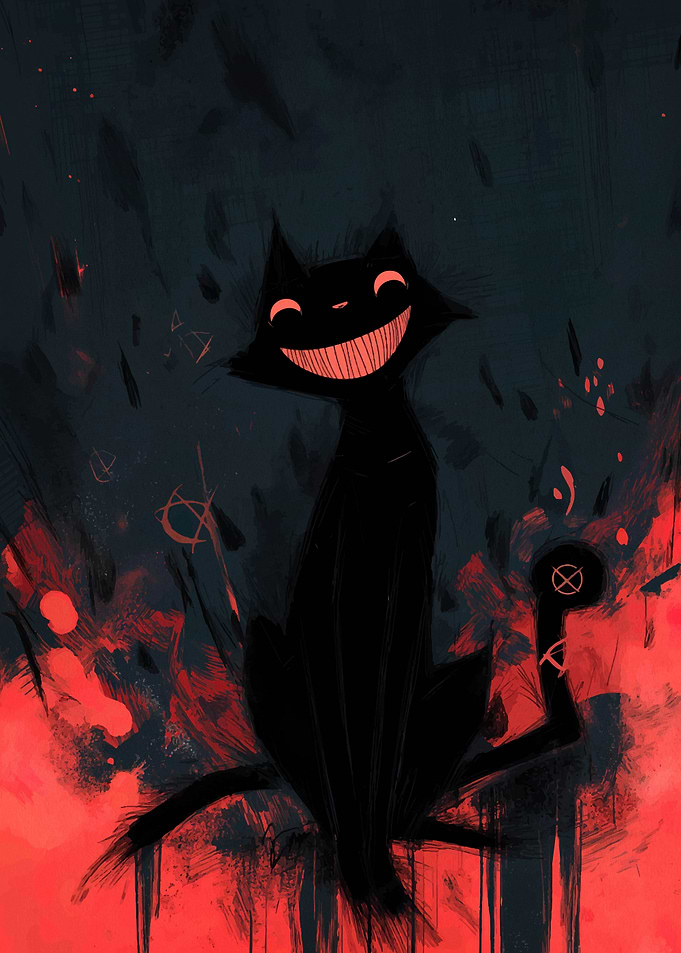 Grinning Black Cat with Occult Symbols