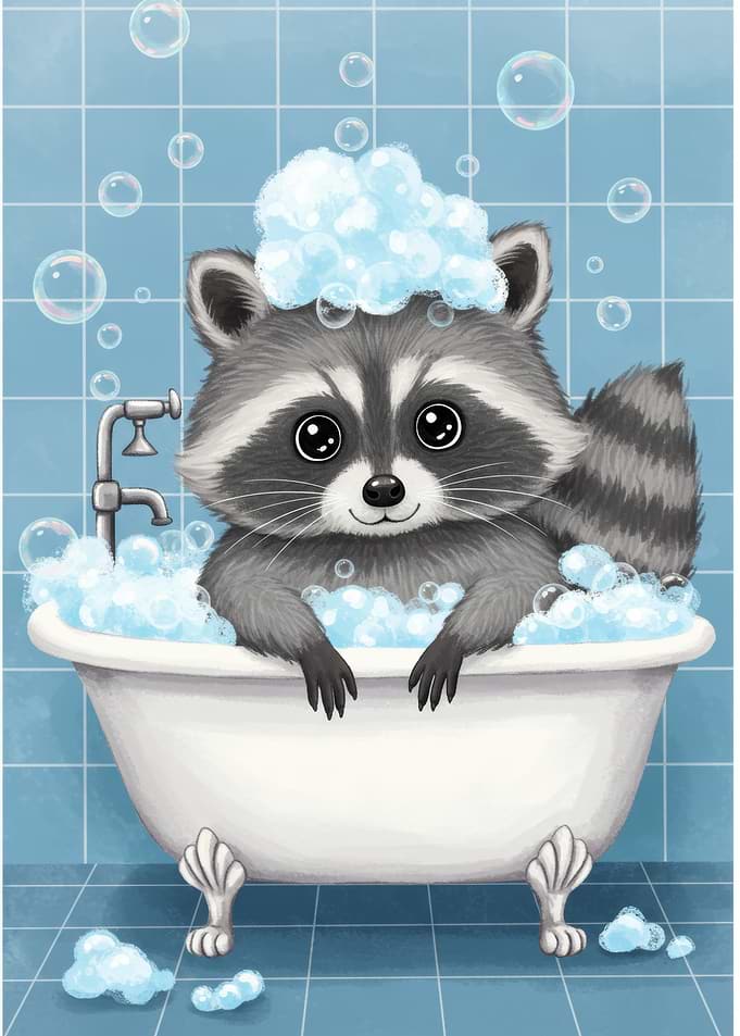 Cartoon Raccoon in Bathtub with Bubbles