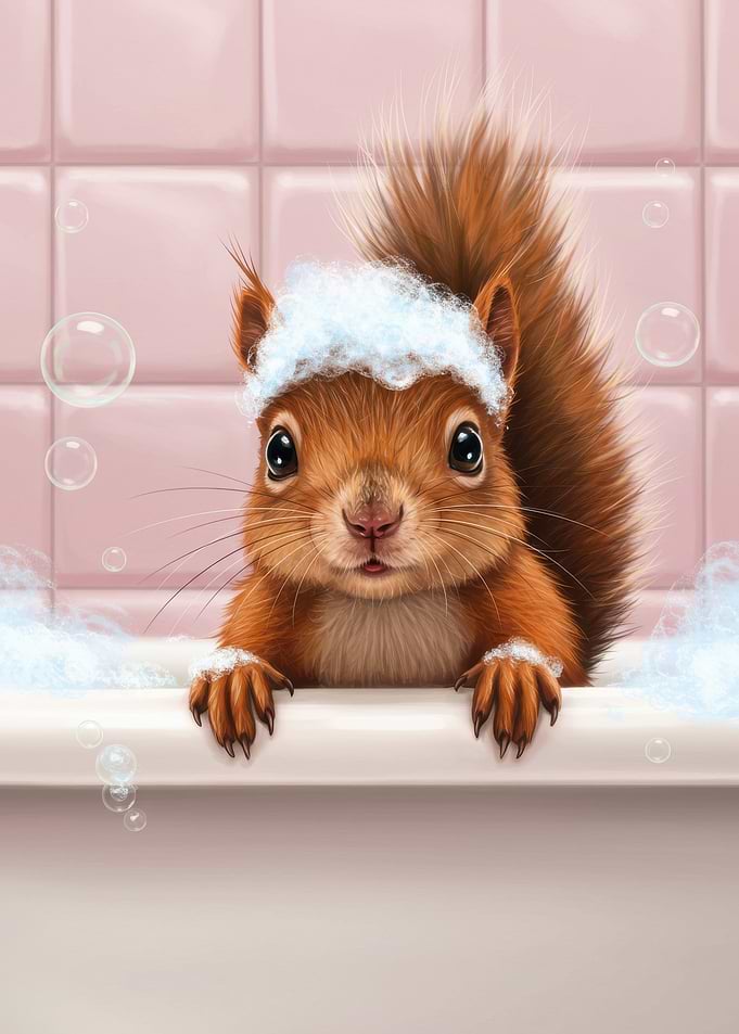 Squirrel in Bathtub with Bubbles