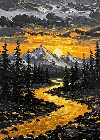 Golden River Mountain Sunset Painting