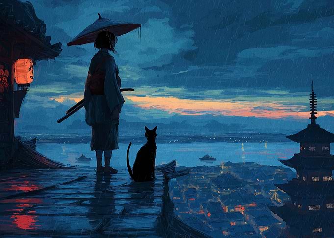Samurai, Cat, and Rainy Japanese Landscape