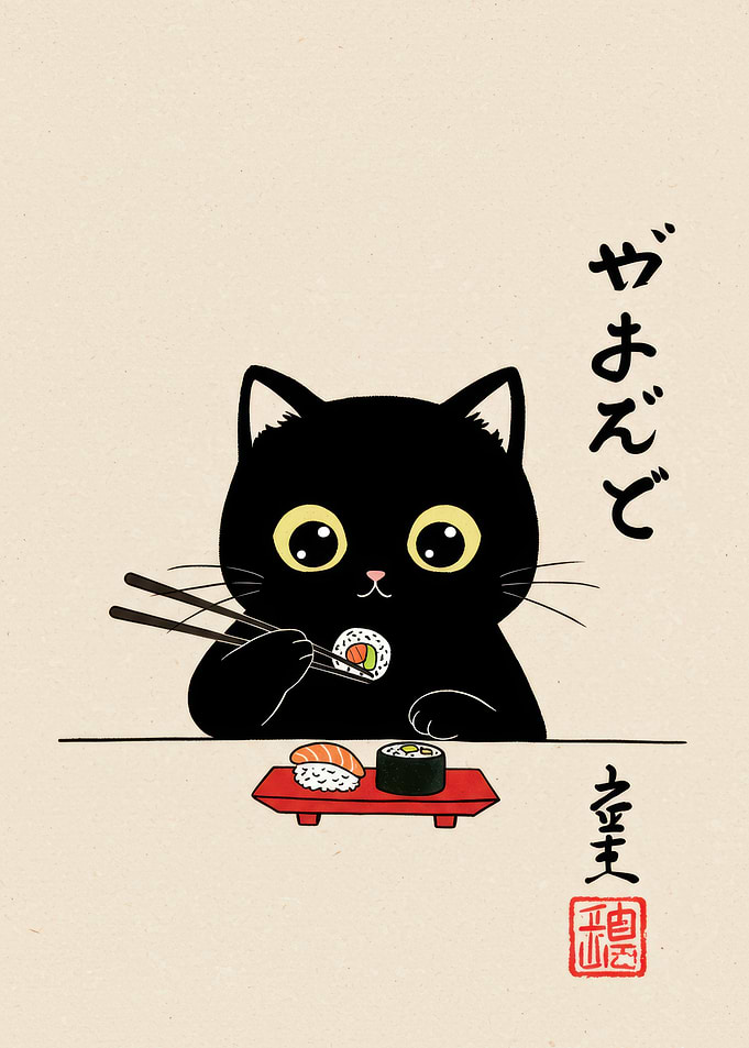 Black Cat Eating Sushi Illustration