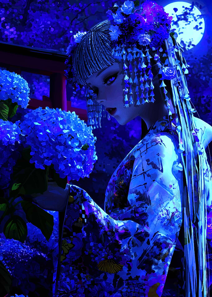 Blue Geisha with Hydrangeas and Moon