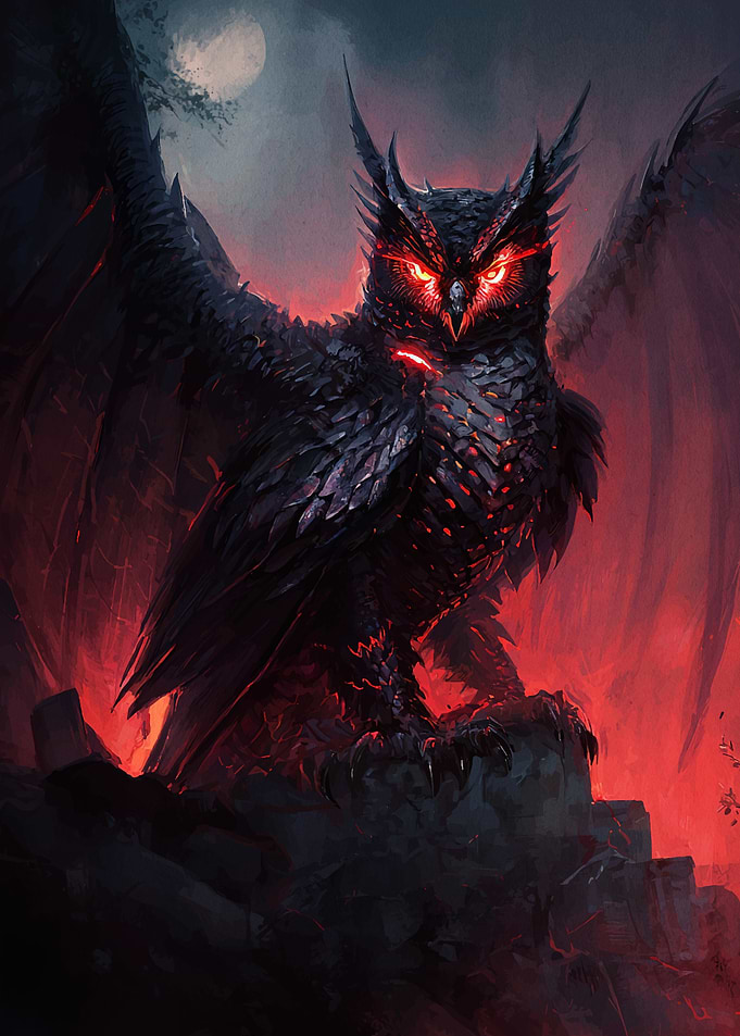 Dark Owl Glowing Red Eyes