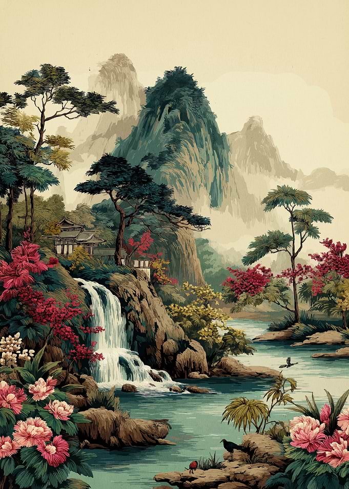 Asian Landscape with Waterfall and Flowers