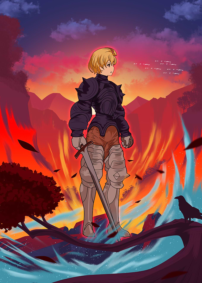 Ramza with Sword in Fiery Landscape
