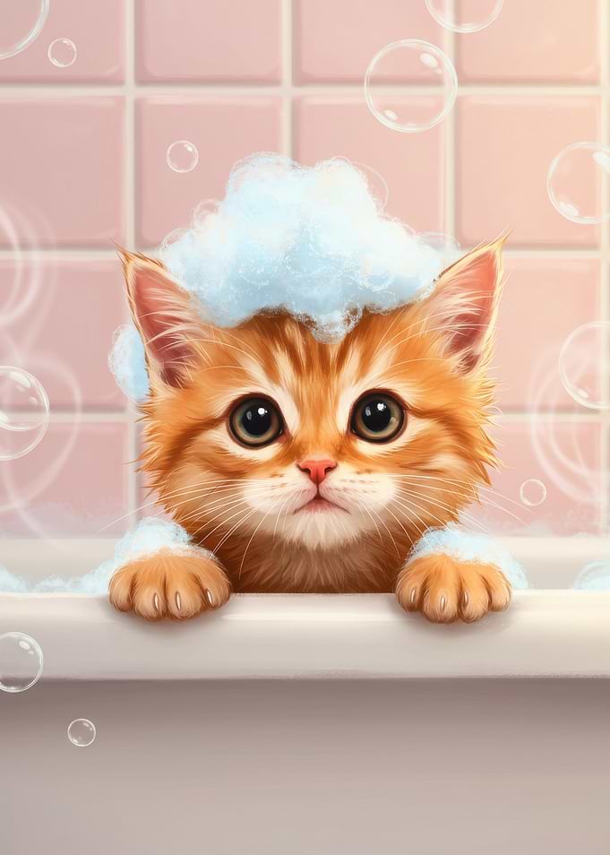 Cute Kitten in Bathtub with Bubbles